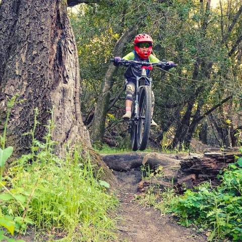 Emi riding down a wooded trail