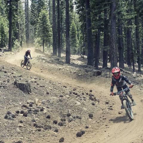 Emi riding a rocky forest descent
