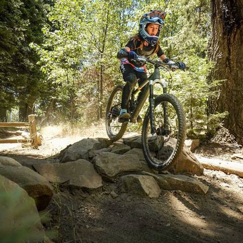 Emi dropping off rocks on a forest trail