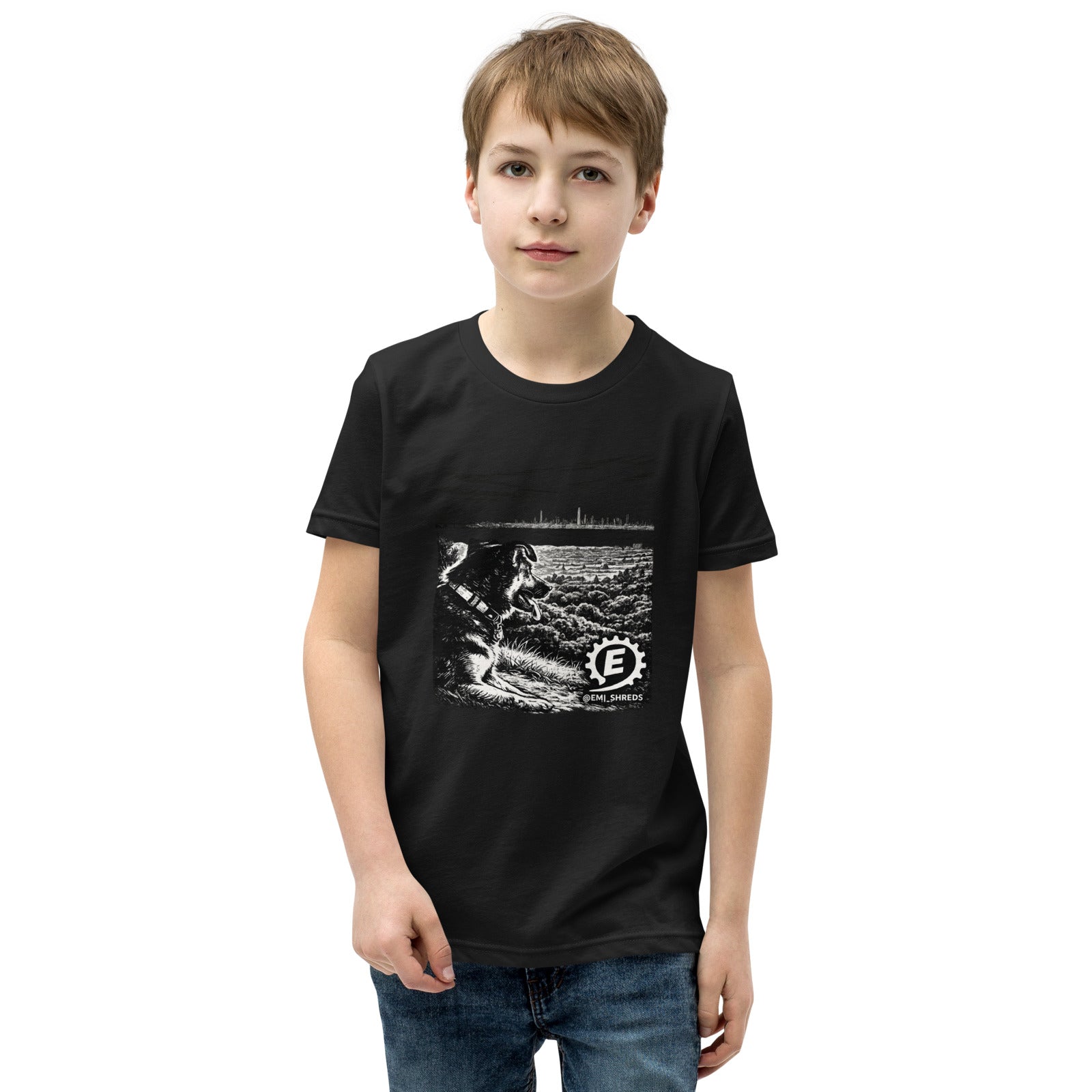 Dog Over the City Tee, close-up of the graphic